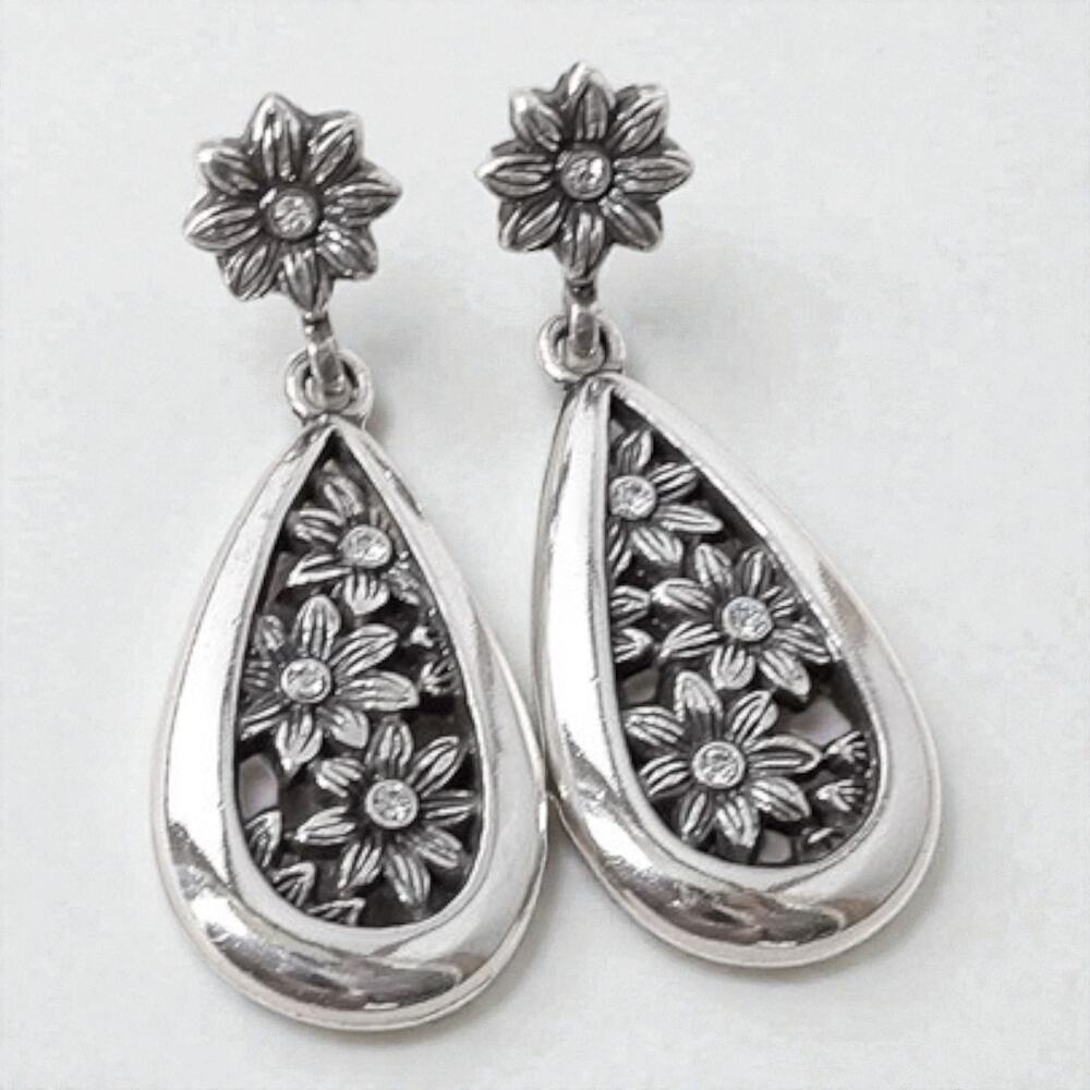 Brighton Teardrop Daisy Flower Dangle Earrings Rhinestone Crystal Post Backs